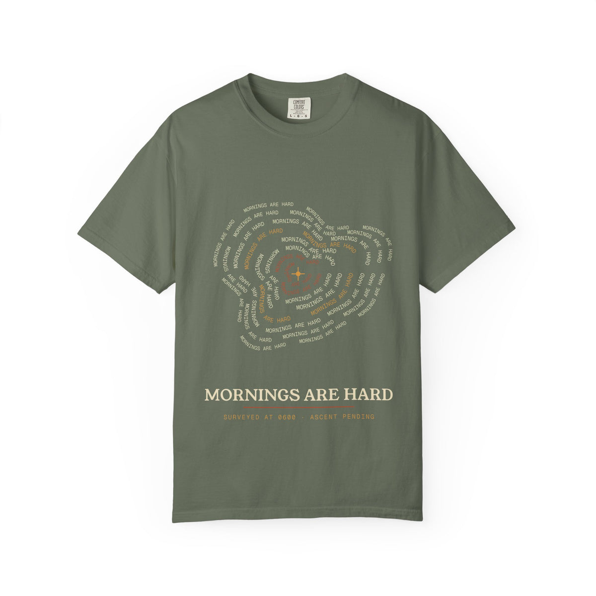 Mornings Are Hard typography map tee folded, showing contour detail