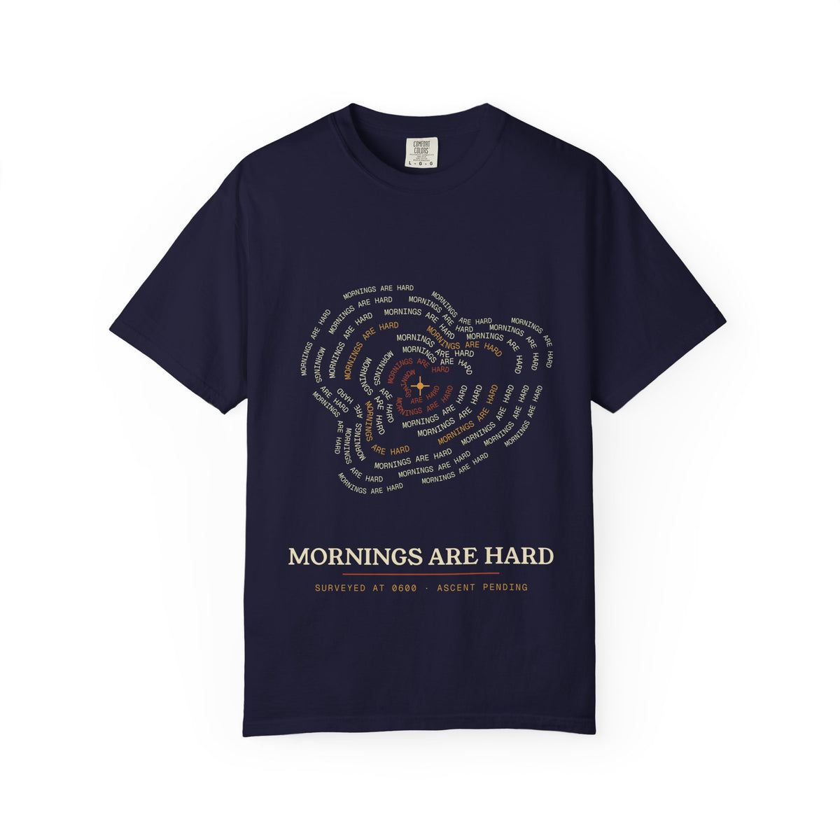 Model wearing Mornings Are Hard topographic map coffee shirt