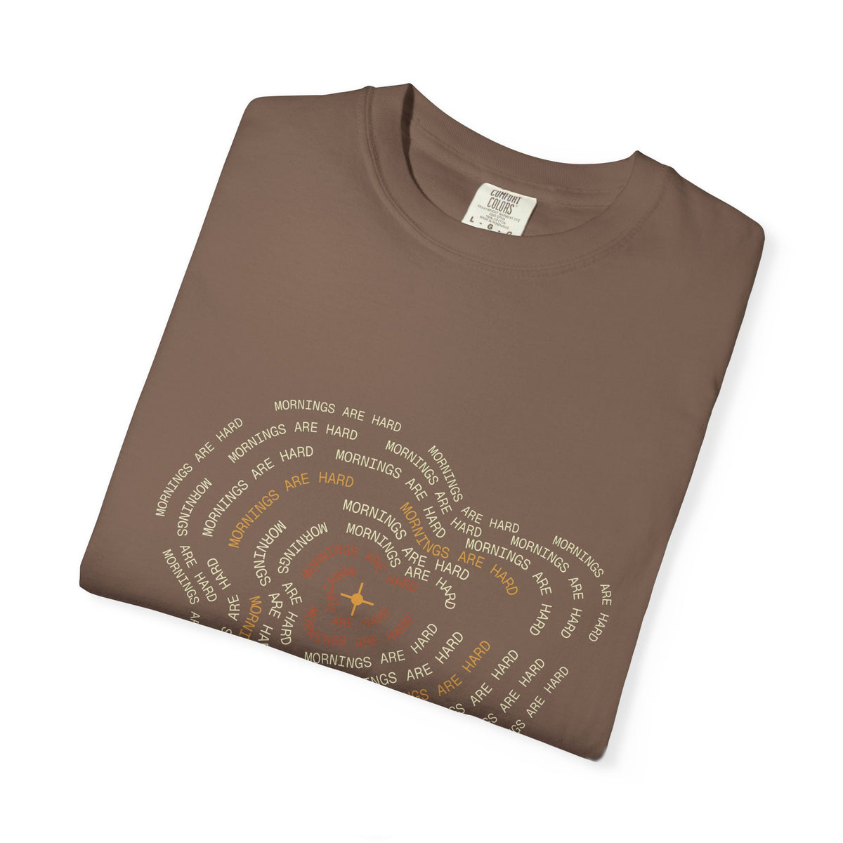 Person wearing the Mornings Are Hard contour map coffee t-shirt