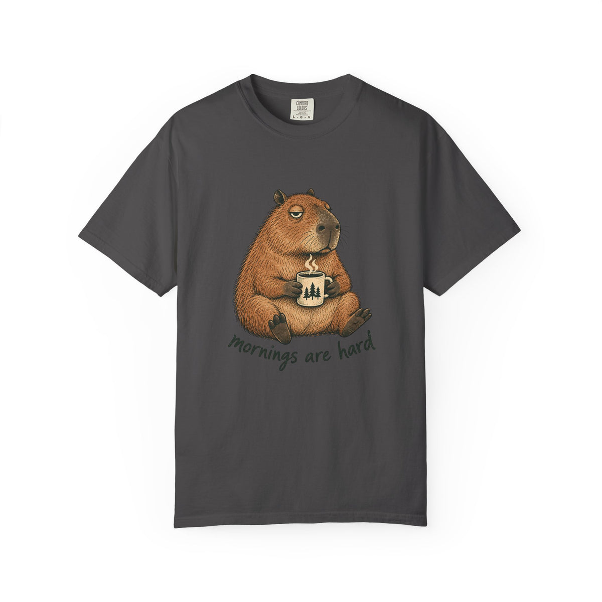 Mornings Are Hard Shirt, Comfort Colors Coffee Tee, Hand-Drawn Capybara
