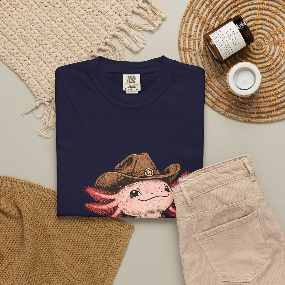 Cowboy Axolotl Shirt, Comfort Colors Heavyweight Tee, Hand-Drawn Western Graphic