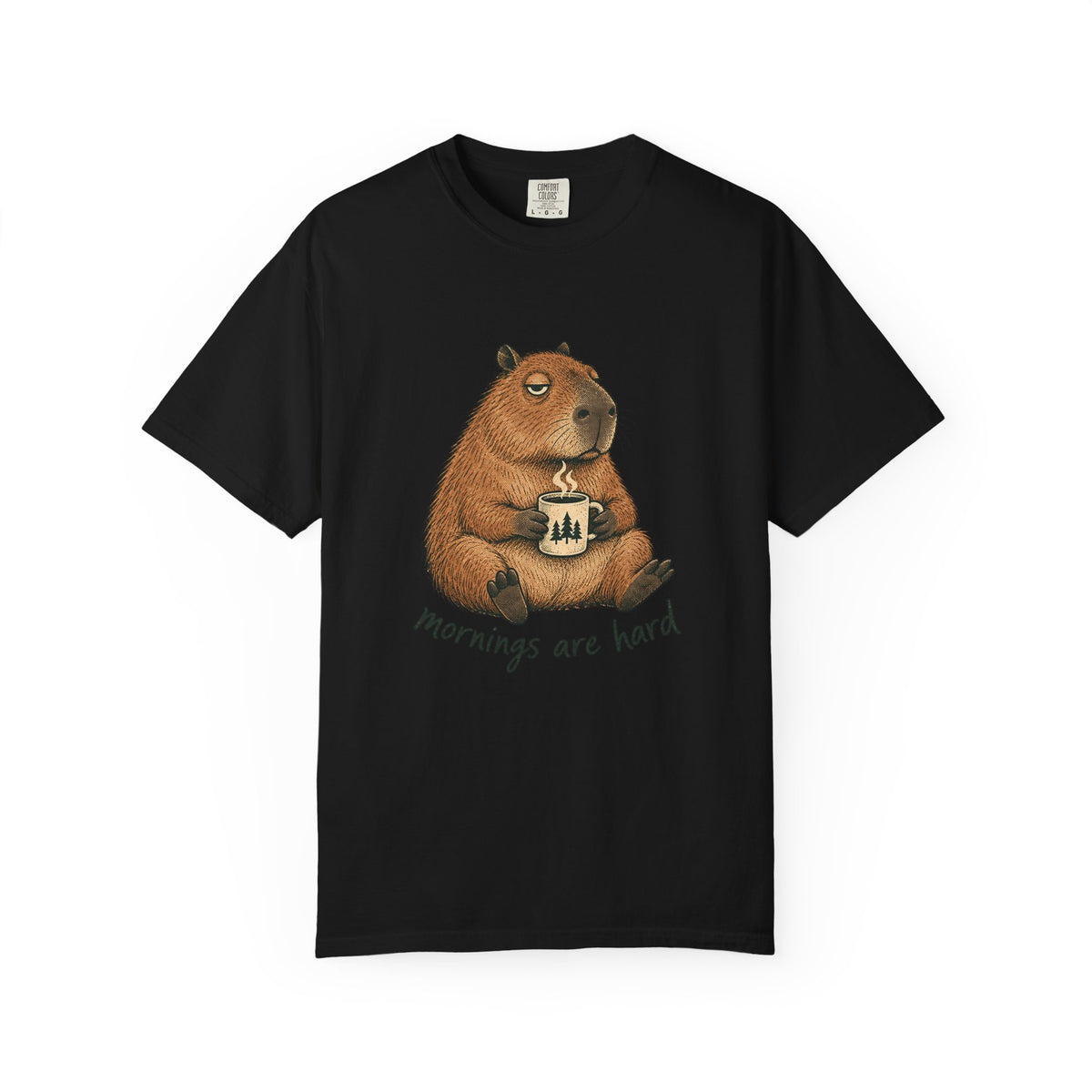 Mornings Are Hard Shirt, Comfort Colors Coffee Tee, Hand-Drawn Capybara