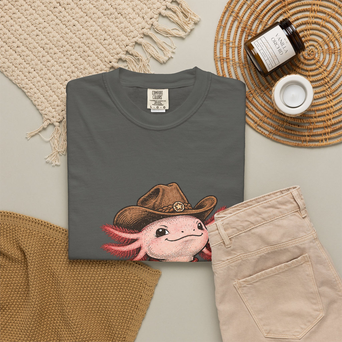 Cowboy Axolotl Shirt, Comfort Colors Heavyweight Tee, Hand-Drawn Western Graphic