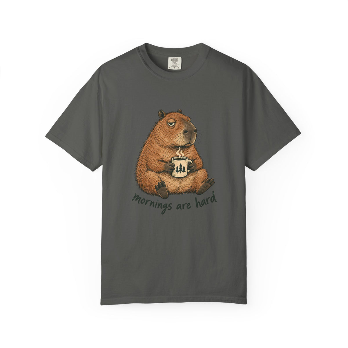 Mornings Are Hard Shirt, Comfort Colors Coffee Tee, Hand-Drawn Capybara