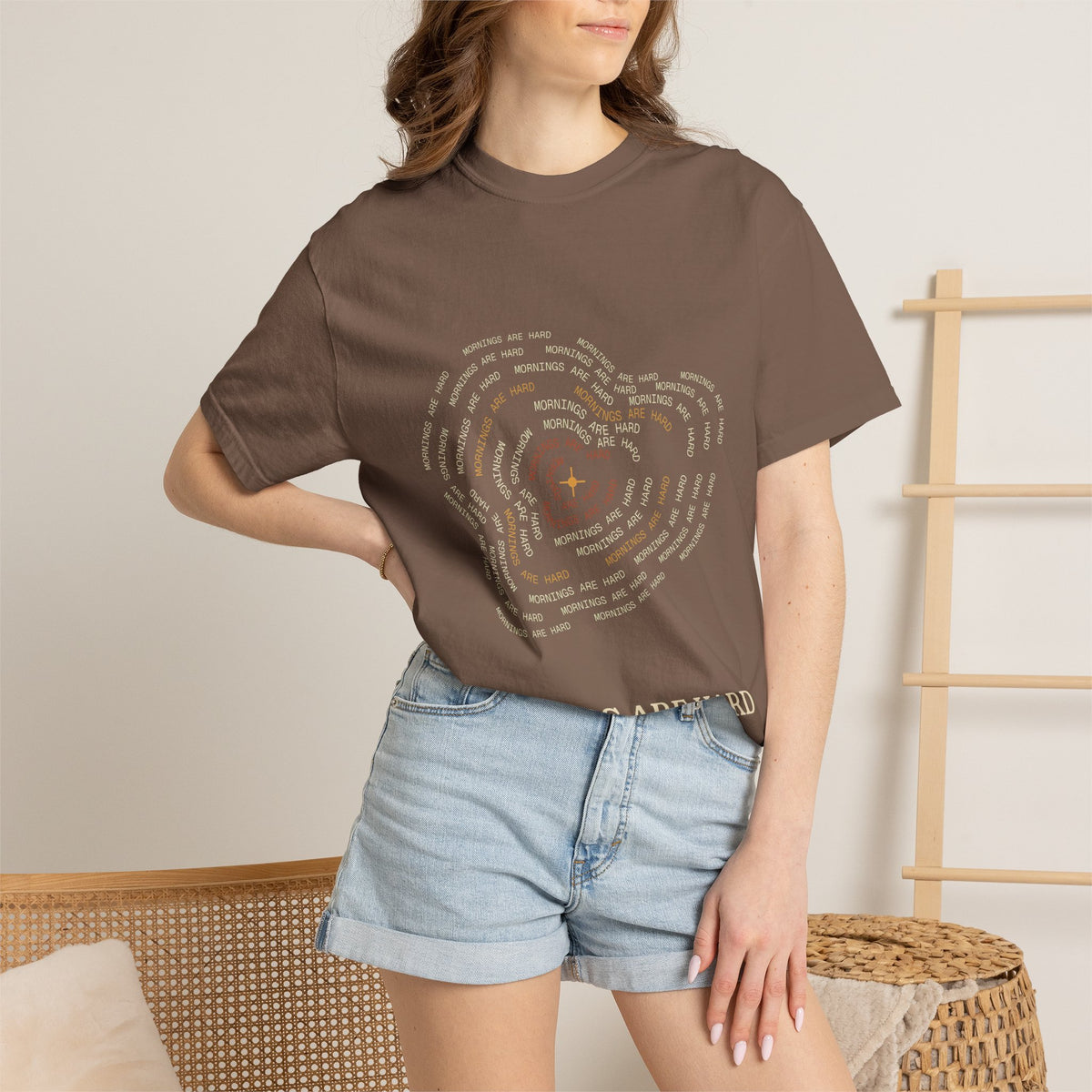 Mornings Are Hard map tee shown in an alternate garment color