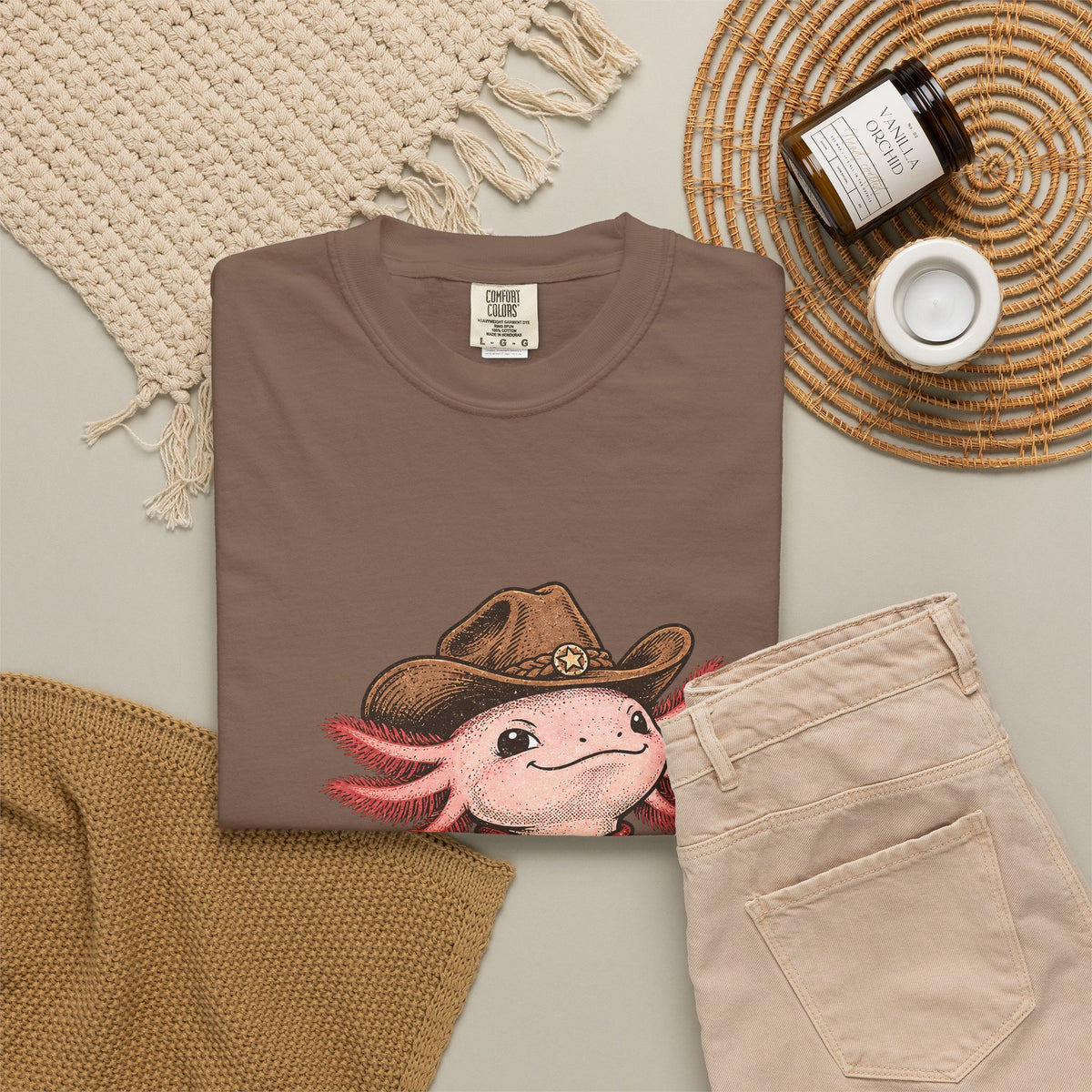 Cowboy Axolotl Shirt, Comfort Colors Heavyweight Tee, Hand-Drawn Western Graphic