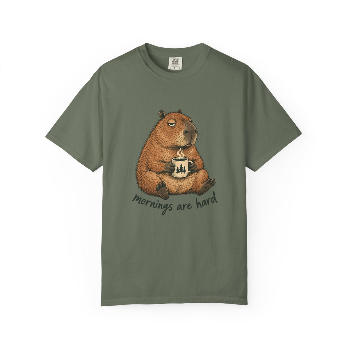 Mornings Are Hard Shirt, Comfort Colors Coffee Tee, Hand-Drawn Capybara