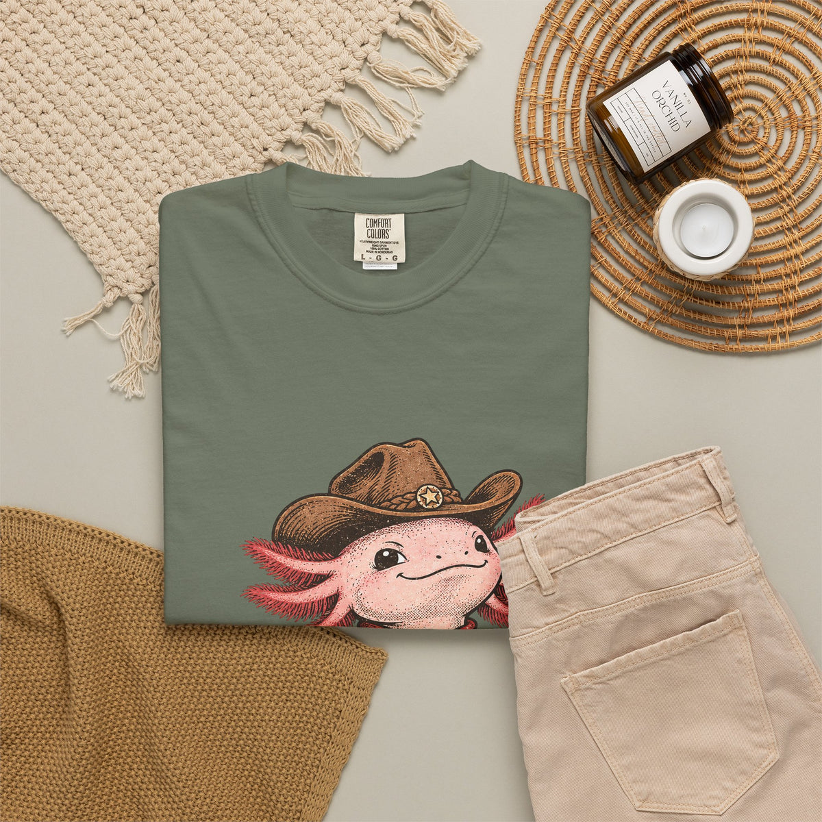 Cowboy Axolotl Shirt, Comfort Colors Heavyweight Tee, Hand-Drawn Western Graphic