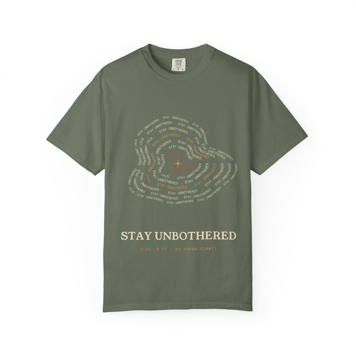 Stay Unbothered contour map tee folded, showing typography detail