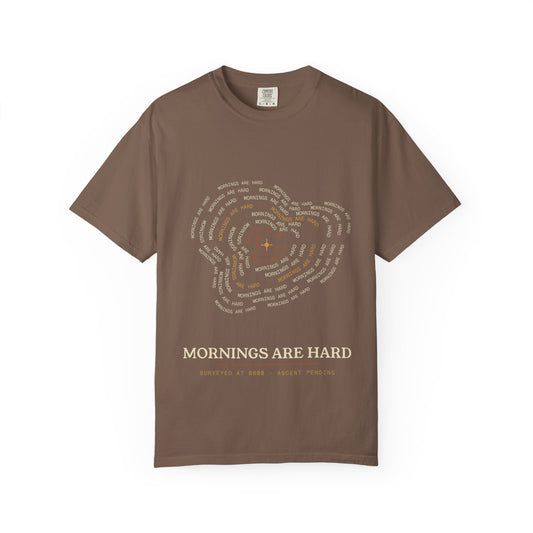 Mornings Are Hard topographic map t-shirt, contour lines made of typography, Comfort Colors garment-dyed tee