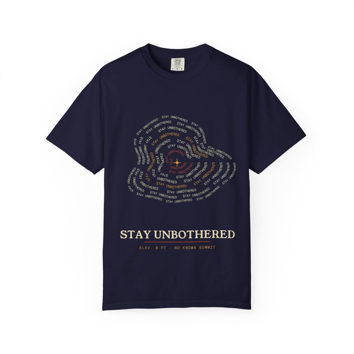 Model wearing Stay Unbothered topographic map shirt in a neutral interior