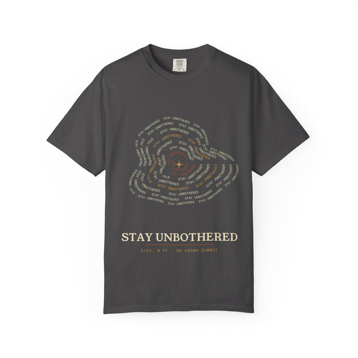 Stay Unbothered typography contour map tee, front view, dark colorway