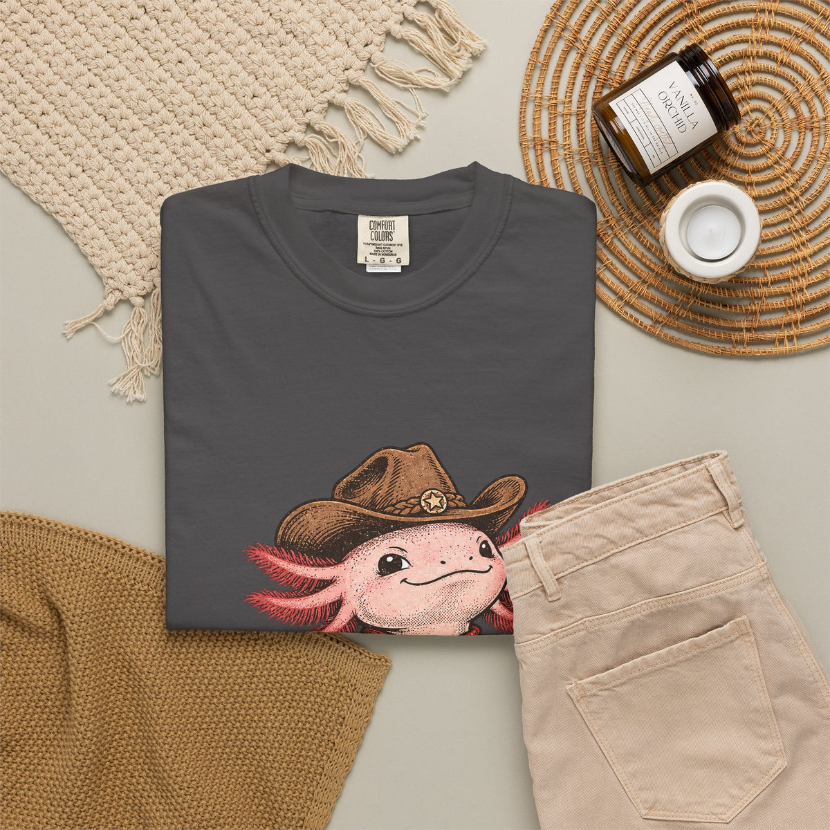 Cowboy Axolotl Shirt, Comfort Colors Heavyweight Tee, Hand-Drawn Western Graphic