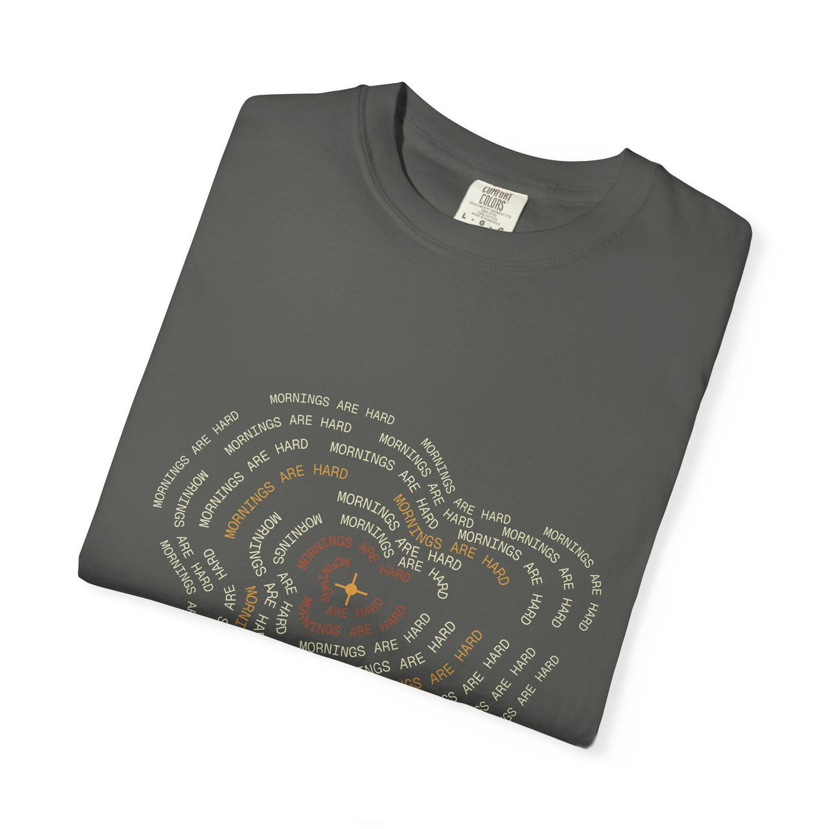 Mornings Are Hard contour typography shirt, folded flat lay