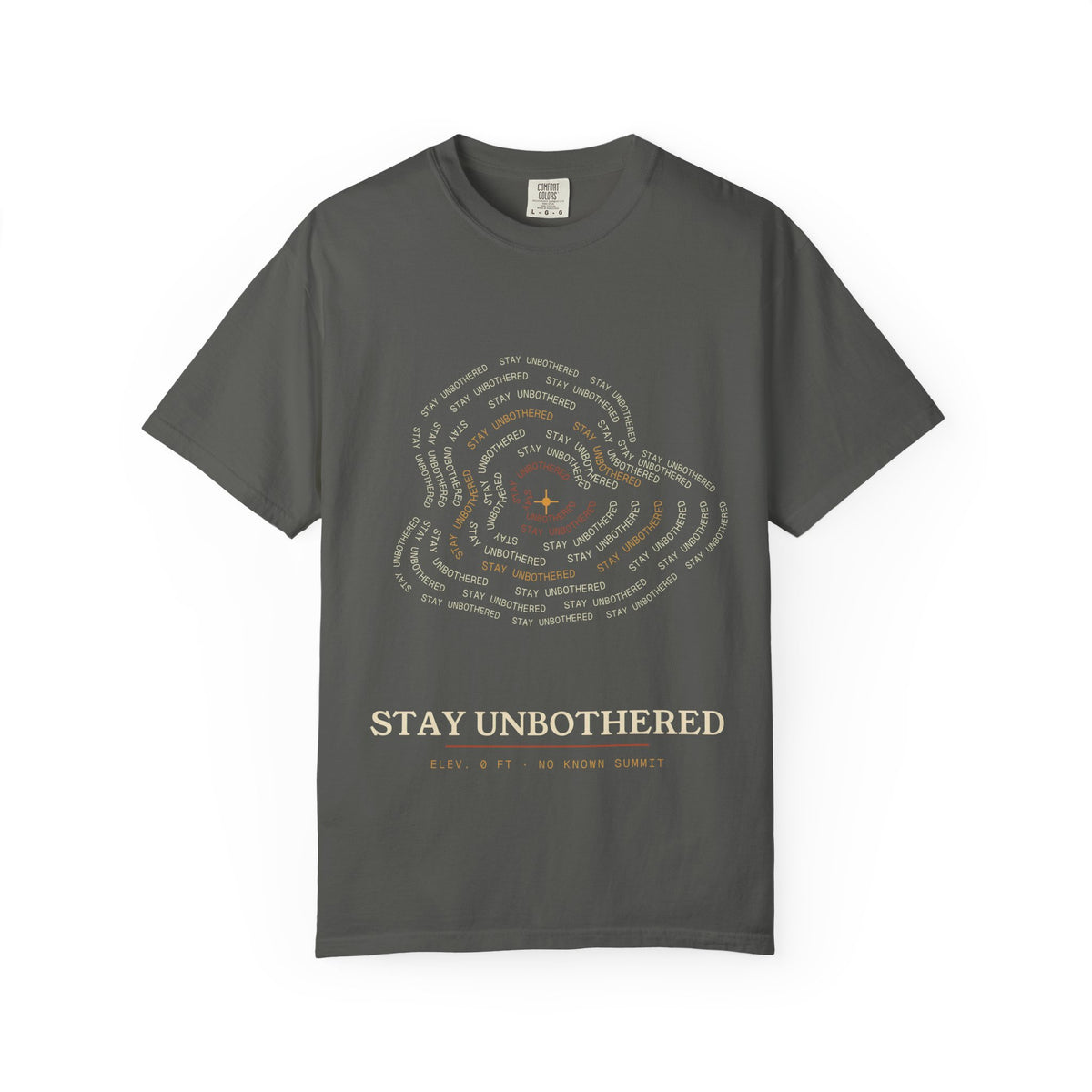 Back view of Stay Unbothered topographic map shirt, heavyweight garment-dyed cotton