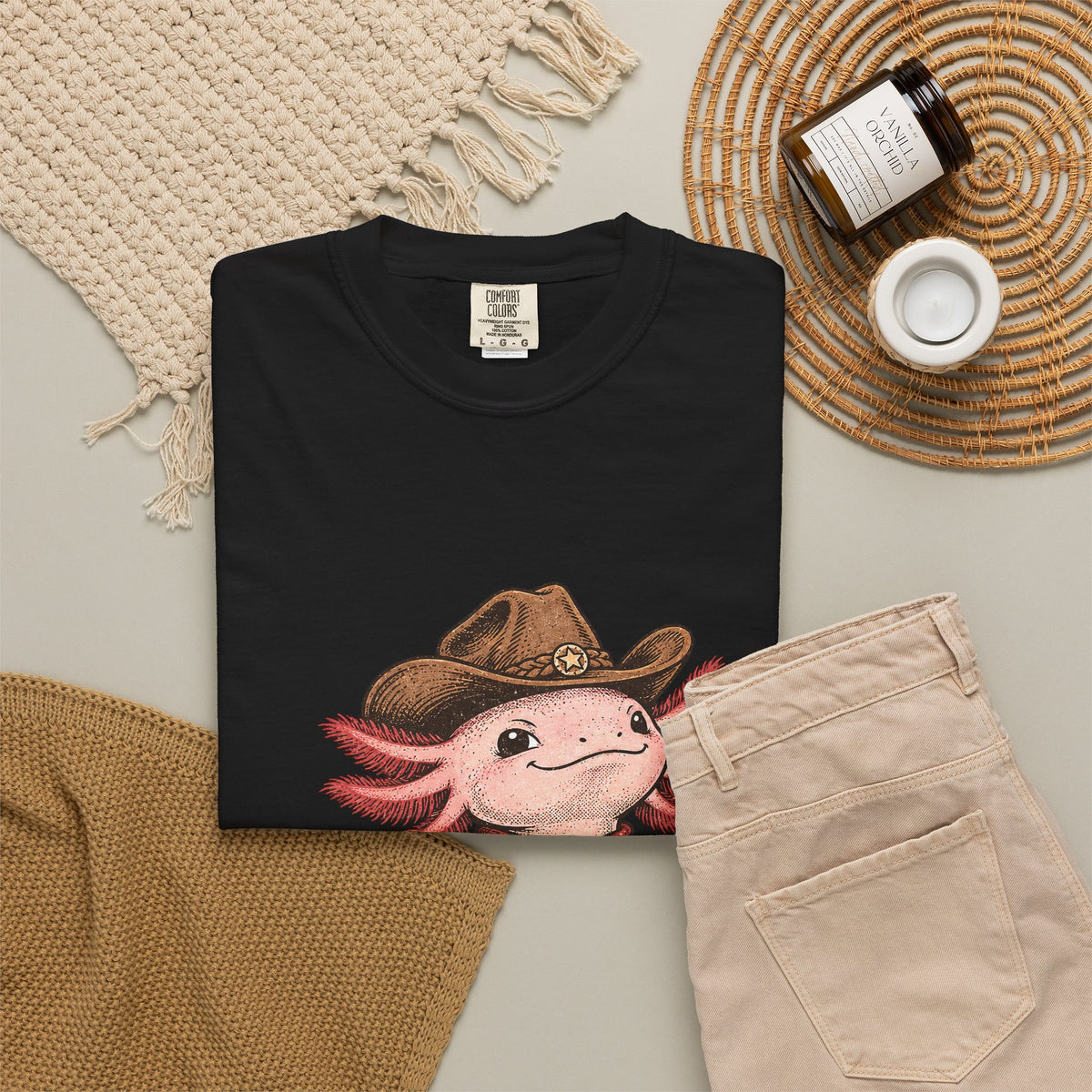 Cowboy Axolotl Shirt, Comfort Colors Heavyweight Tee, Hand-Drawn Western Graphic