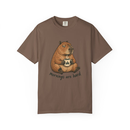 Mornings Are Hard Shirt, Comfort Colors Coffee Tee, Hand-Drawn Capybara