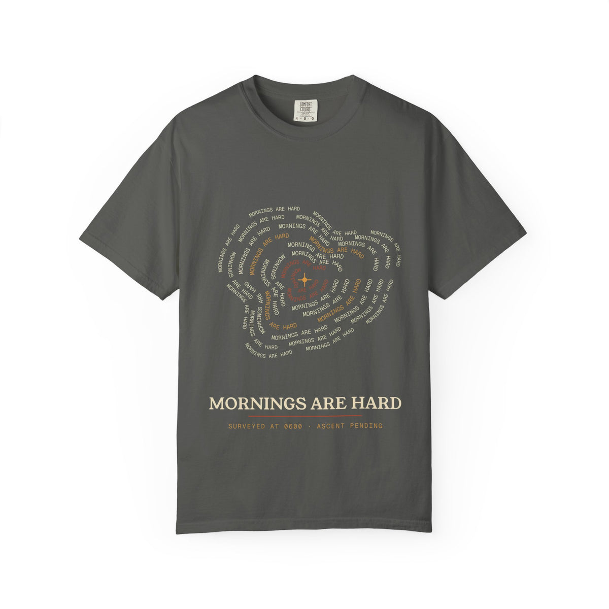 Back view of Mornings Are Hard contour map coffee shirt, heavyweight cotton