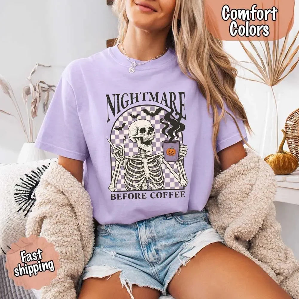 Nightmare Before Coffee Comfort Colors Shirt – Skeleton Funny Halloween Tee